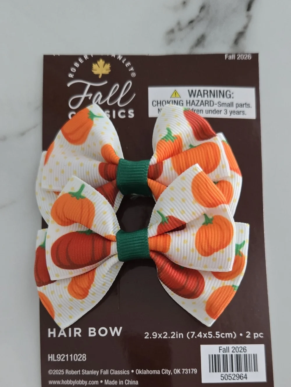 Pumpkin Print Kids Hair Bows - White & Orange (2 Pack)